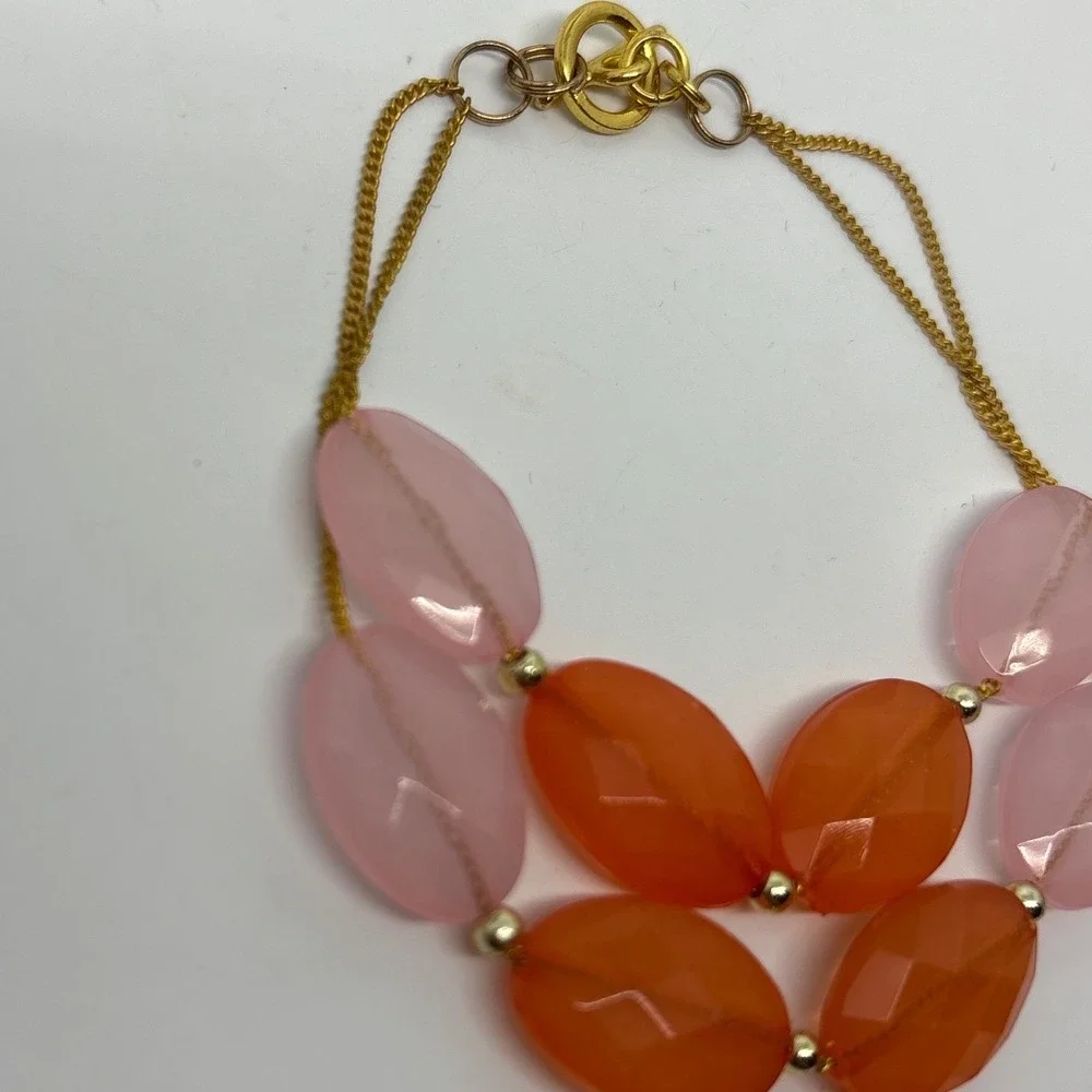Two Strand Gemstone Bracelet Gold Tone Orange Pink‎ Faceted Beaded Toggle Clasp
